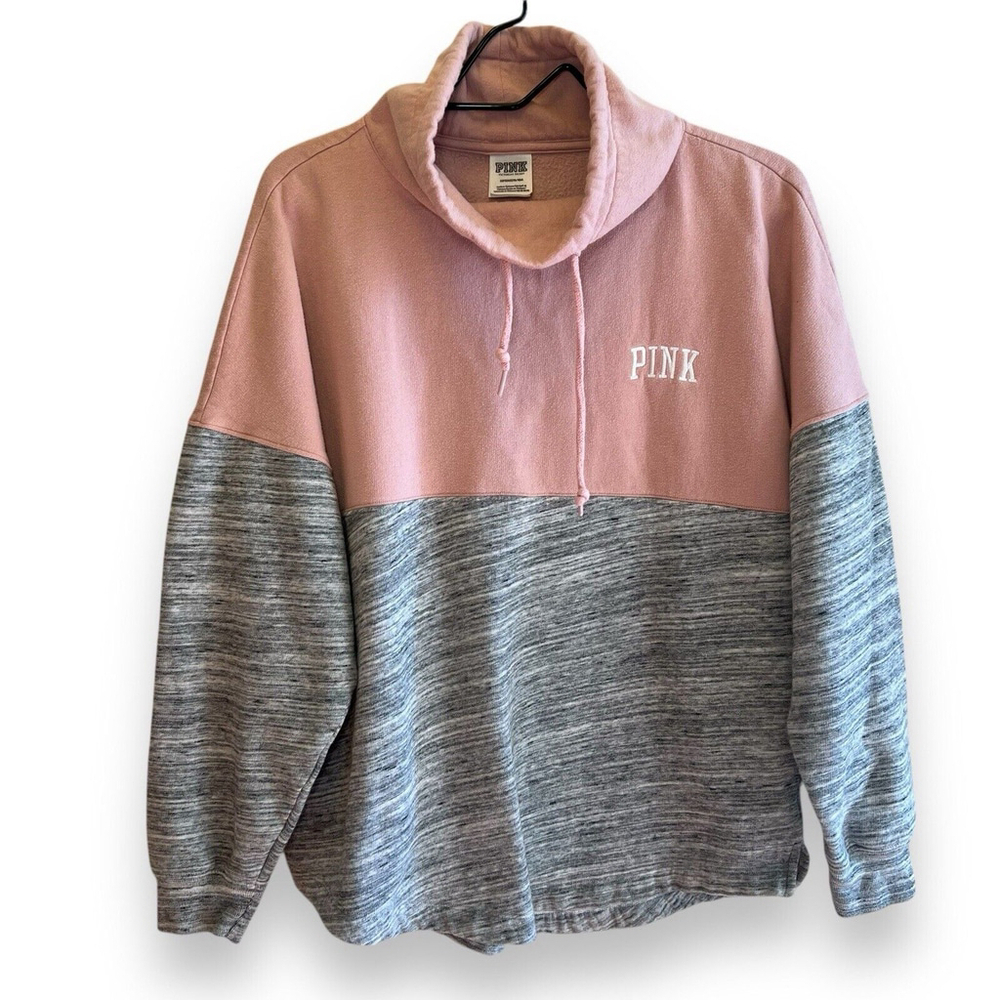 Victoria's Secret Pink Varsity Cowl Sweatshirt Pink Gray Colorblock Small